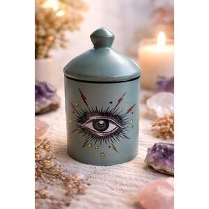 Celestial Evil Eye Ceramic Lidded Jar Teal Matte Canister Mystic Decor 5.5"